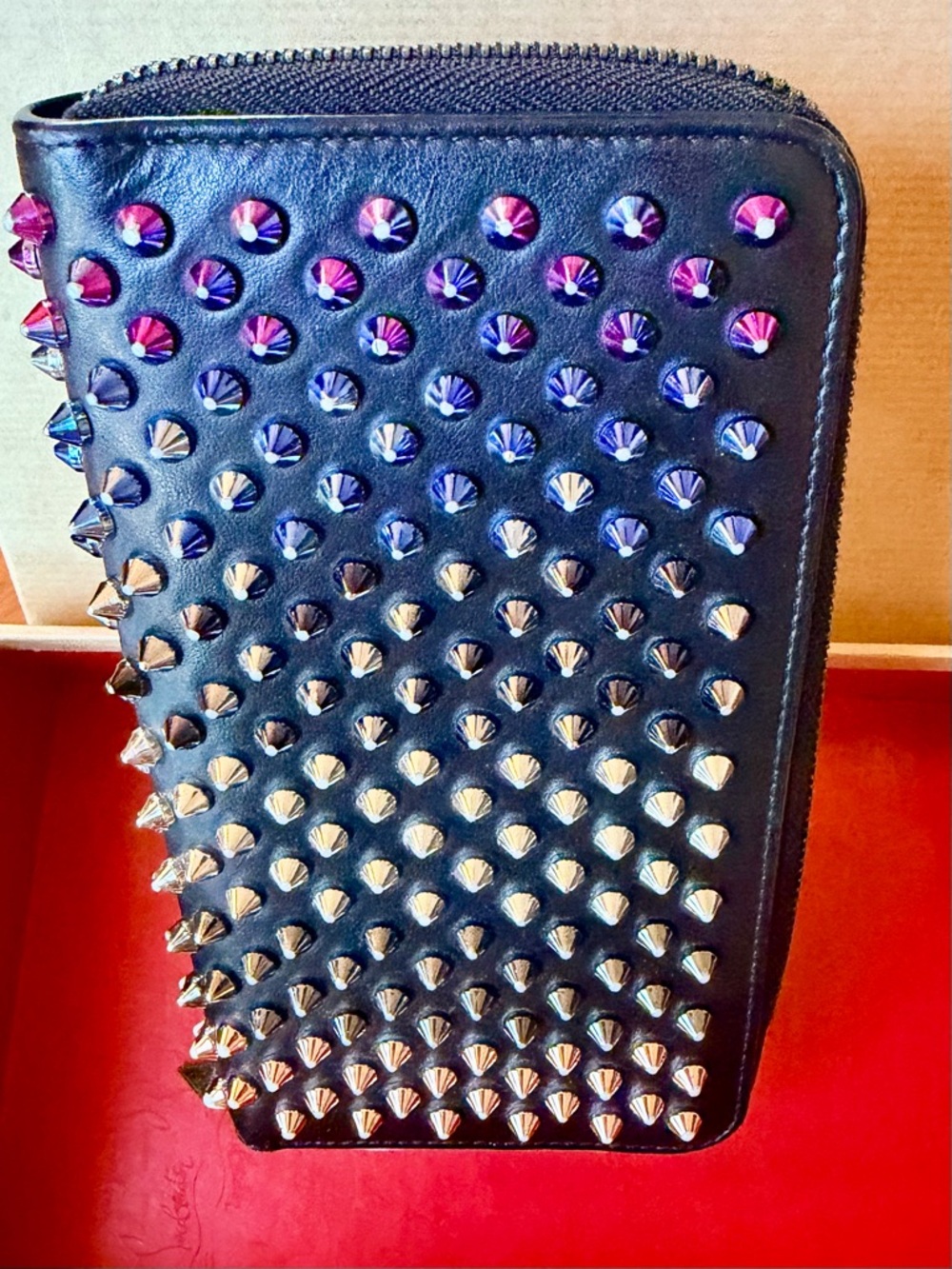 Louboutin Panettone Wallet,Black with Rainbow Spiked Studded Zip Around closure’ - Picture 6 of 16